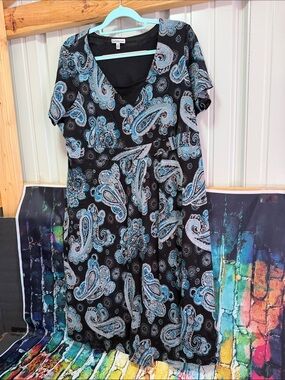 croft & barrow Black Paisley Midi Dress with Blue Accents plus size 1X